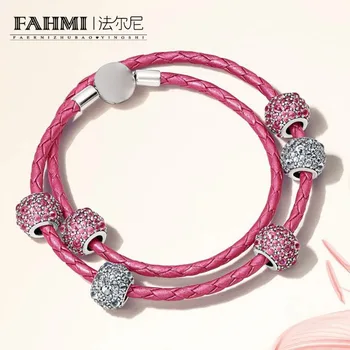 

2020 100% 925 Sterling Silver 1:1 PINK SHIMMERING DROPLETS CHARM Beads MOMENTS DOUBLE WOVEN LEATHER BRACELET Gift Set