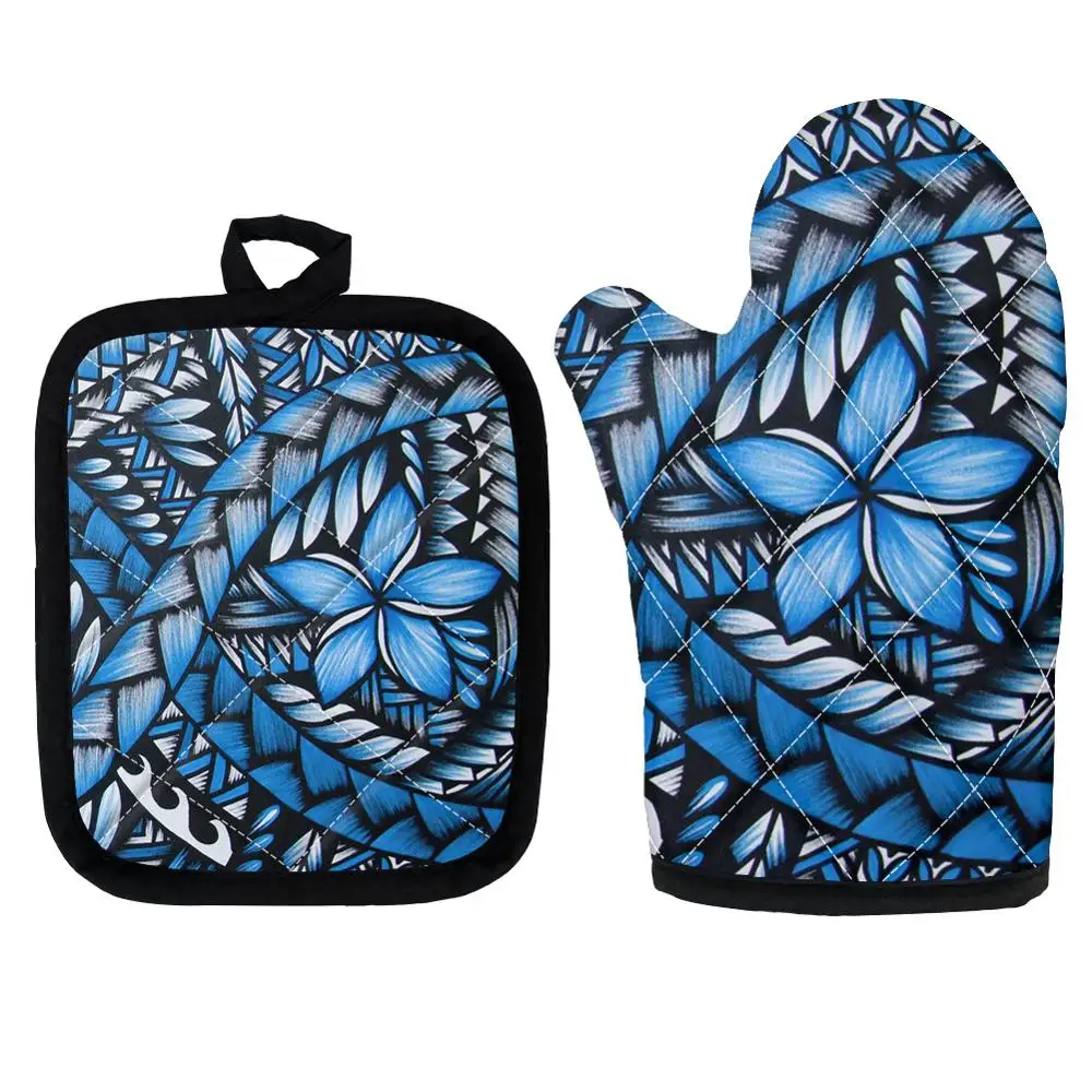 

Oven Mitts African Floral Polynesian Plumeria Flower Blue 2pcs/Set Microwave Oven Gloves Insulation Pads Potholders Non-Slip