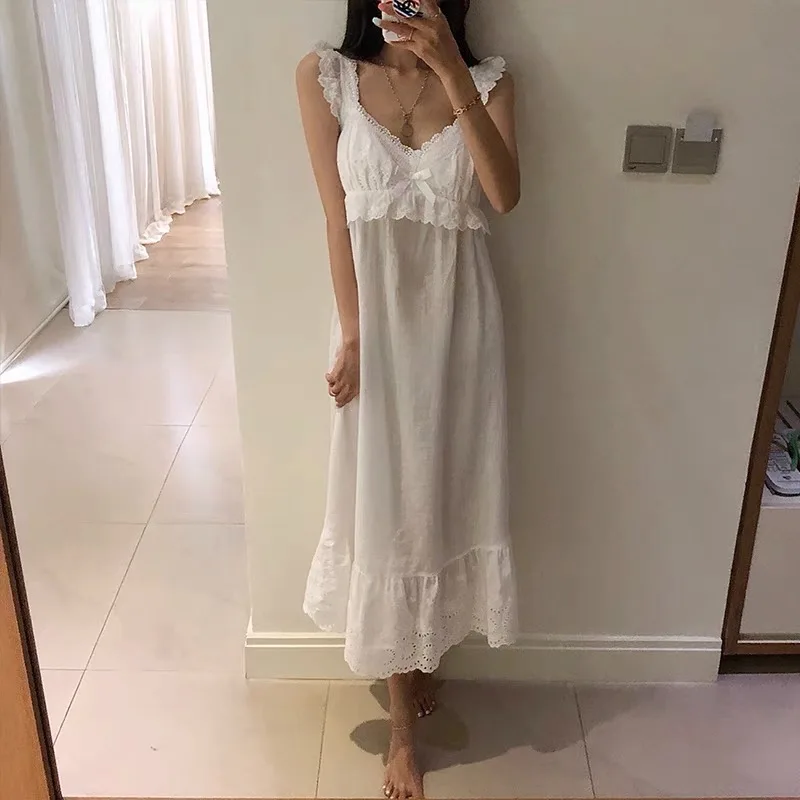Summer Womens Princess Dress White Sleeveless Sleepshirts Vintage Lady Girls Nightgowns Nightdress Royal Style Pajamas Sleepwear women nightgowns,women nightdresses,women pajamas,sleeping dress