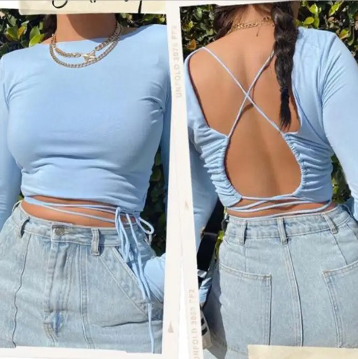 

backless shirt Crop Tops Women Slim Elastic Fashion Lace up Hollow Out Women Cropped Top Summer Long Sleeve Shirts