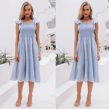

BacklakeGirls 2020 Summer Stripe Pattern Lotus Leaf Edge Sky Blue Dress Women Long Dress Evening Elegant Robe De Soiree Bleue