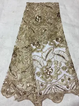 

Fashion Wedding Lace Fabric with Sequins High Quality Gold Beads Lace Fabric Nigerian Tulle Lace Fabric for Party Dress