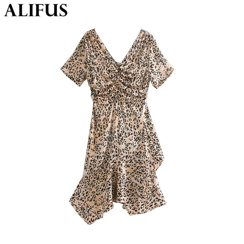

Fashion Za Women Dress Vintage 2019 Leopard Print Elegant V-Neck Short Sleeve Knee Length Tight Dresses Female Ladies Vestidos