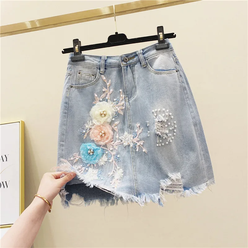 

Jean Skirt for Women 2020 Summer New High Waist Beaded Lace Three-Dimensional Flowers Slim Package Hip Denim Skirt Female Jupe