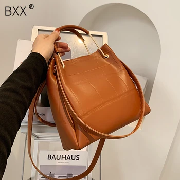 

[BXX] Solid Color PU Leather Crossbody Bucket Bags For Women 2020 Winter Shoulder Bag Lady Branded Trend Travel Handbags HP440