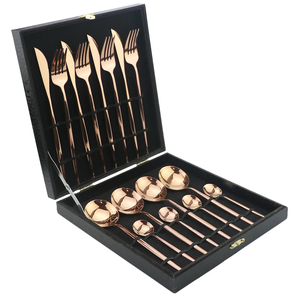 Luxury Cutlery Set Gold Dinnerware Set 18/10 Stainless Steel Tableware Fork Knife Spoon Dinner Set Kitchen Silverware With Box - Цвет: 16Pcs Rose