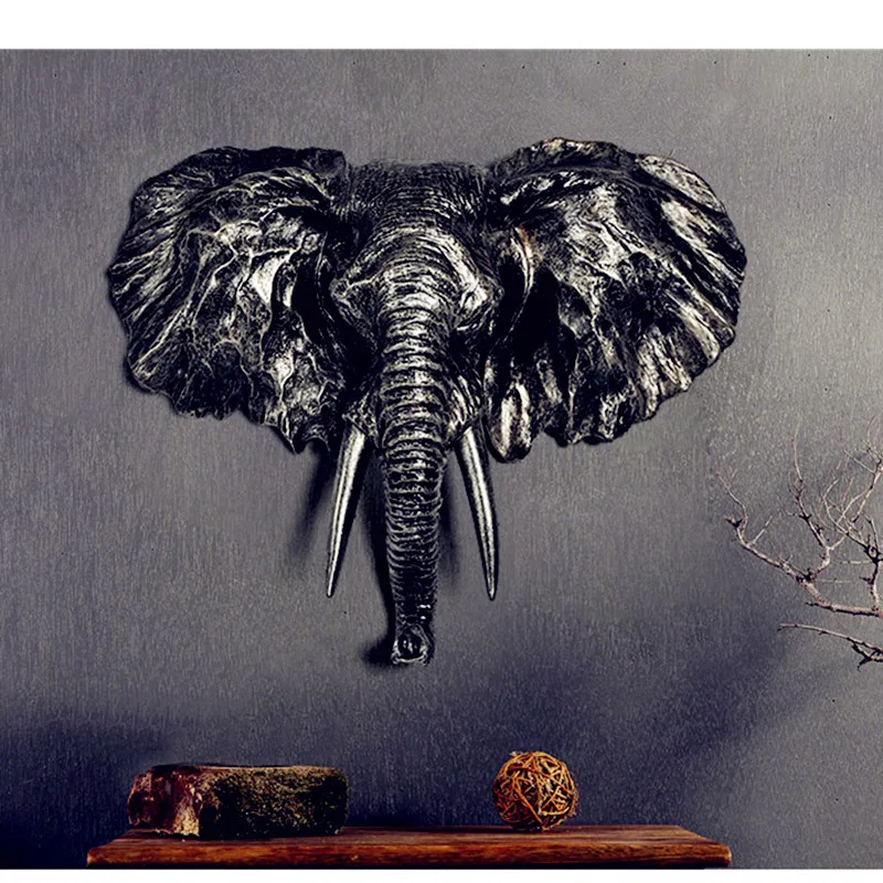 

Creative 3D Solid Elephant Head Wall Hanging Statue Animal Art Sculpture Resin Art&Craft Desktop Decoration Office