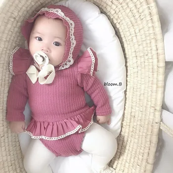 

baby spring romper solid Baby clothes Princess lace o-neck long sleeve +hat baby girls romper knitting clothes