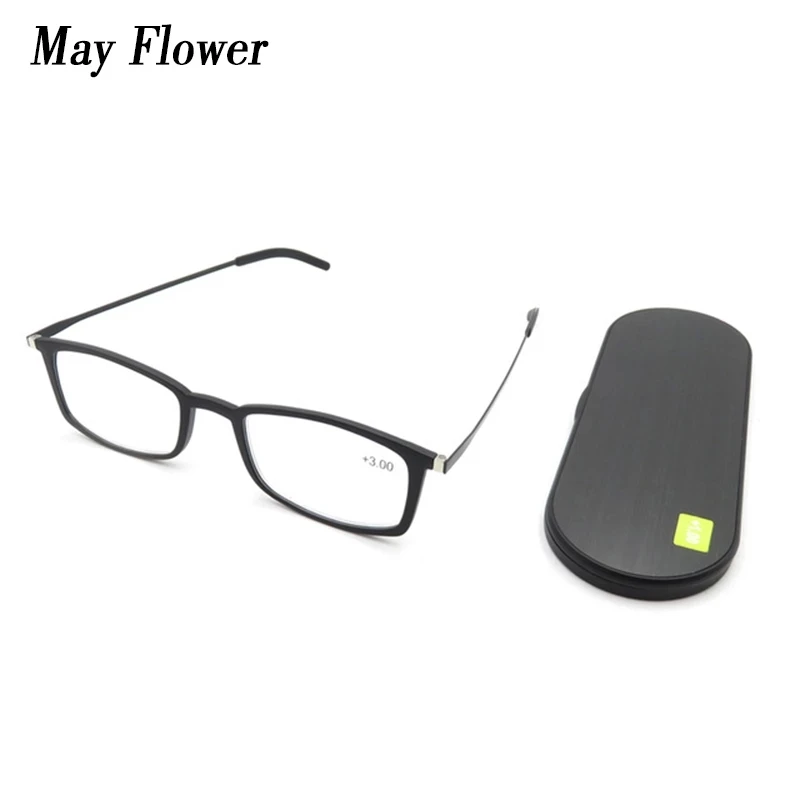 Gafas de lectura antirayos azules para hombre y mujer, lentes cuadradas portátiles Tr90 con funda magnética para teléfono, Marco + 2