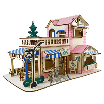 

159Pcs DIY Simulation Building Model Wooden Assembled Toys Educational Model Building Kits Toy - Pink Romantic Coffee House
