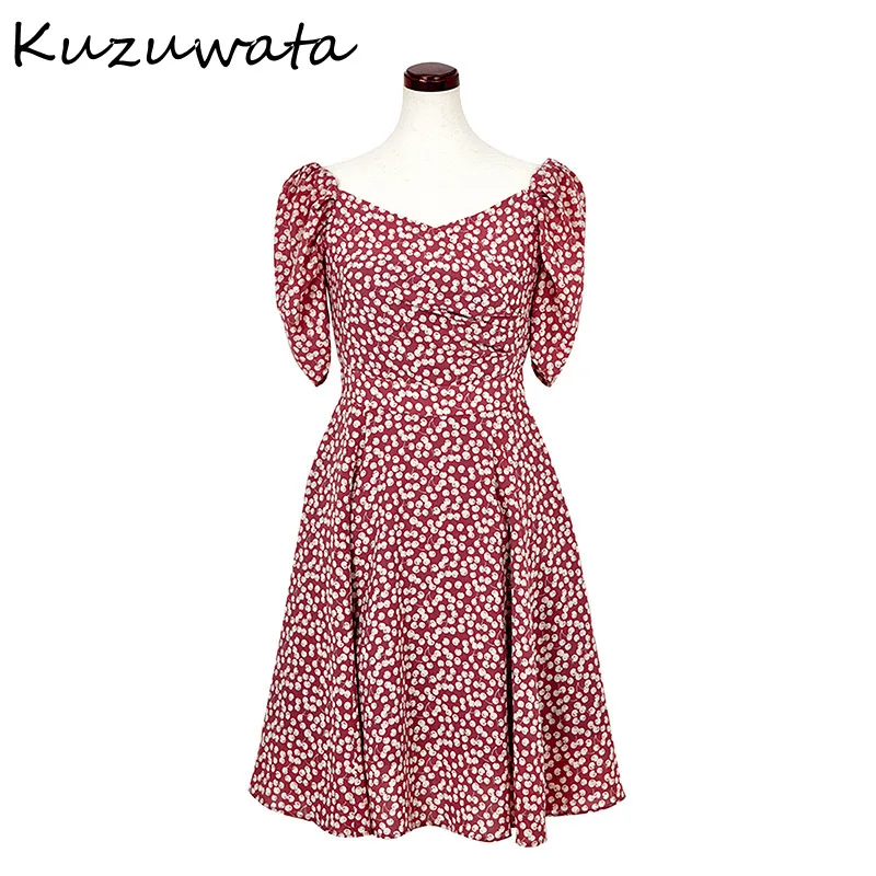 Kuzuwata-vestido Sexy de manga larga con escote en V para mujer, vestido dulce elegante Estampado de cereza, diseño de cintura delgada, Vestidos estéticos con espalda descubierta