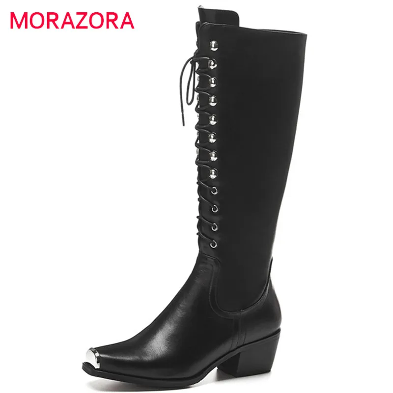 

MORAZORA 2020 new arrival genuine leather knee high boots women metal toe autumn Motorcycle Boots square heels punk shoes woman