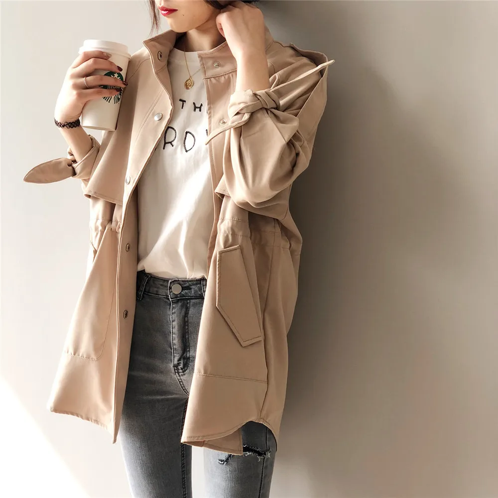 Vintage Autumn trench Coat 2019 Korean Style  Single Breasted Mid-long Trench Coat Mujer Loose large size Windbreak Outwear 0241 (5)
