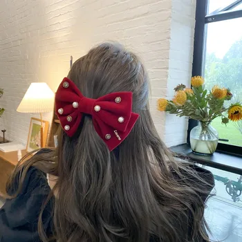 Online AOMU Korea Perle Strass Bogen Haarnadel Einfache Gold Samt Bowknot Frühling Clip Haarklammer Für Frauen Süße Lolita Haar Zubehör