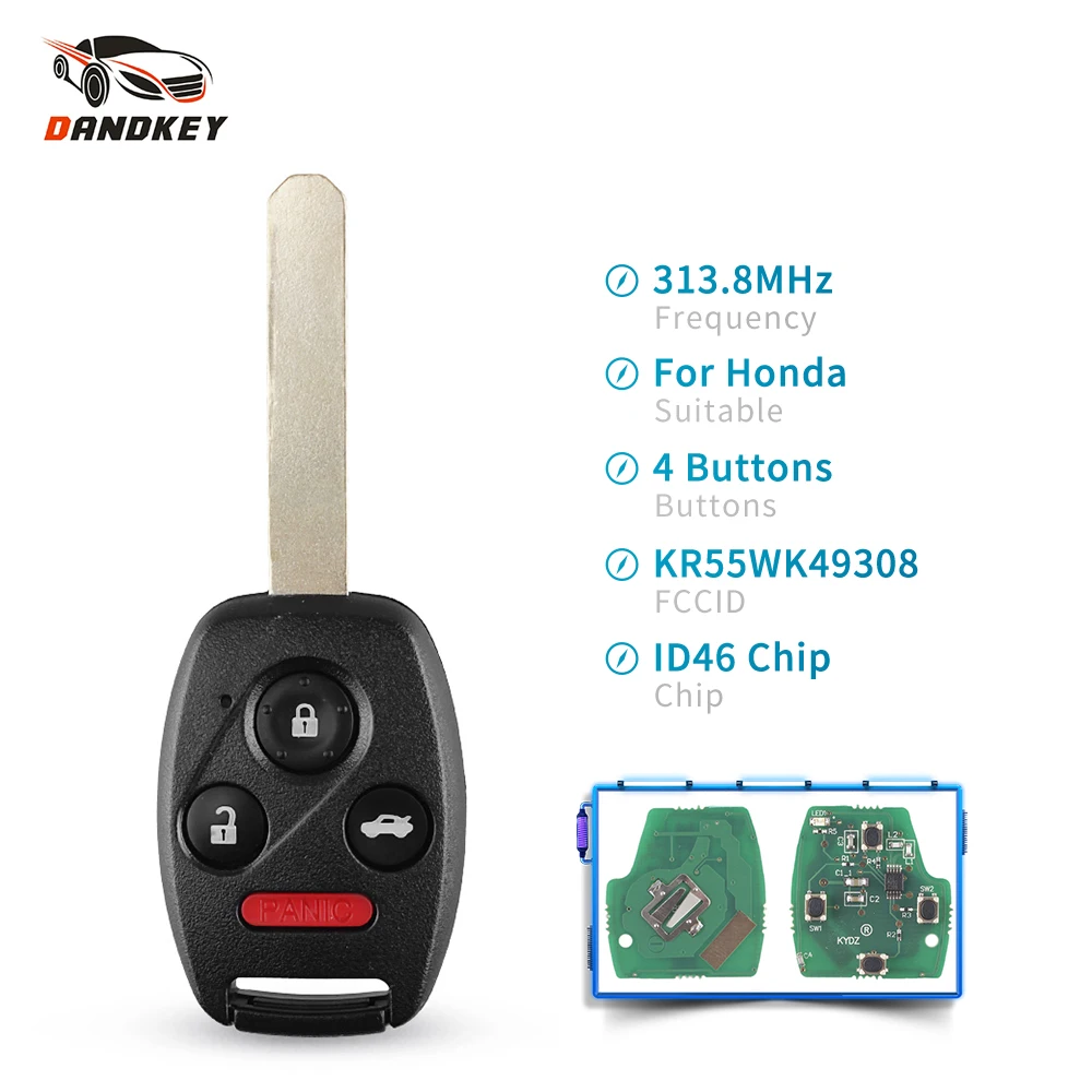Dandkey 3 + 1 4 кнопки 313 8 MHz автомобиль KR55WK49308 Uncut Blade удаленный ключ ID46 чип для Honda Pilot Accord