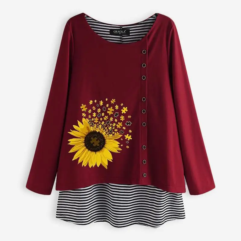 Blusas, топ, весна, пэчворк, туника, топы, осень, Ретро стиль, длинный рукав, блузка, женская, повседневная, с цветочным принтом, в полоску, свободная рубашка, для женщин