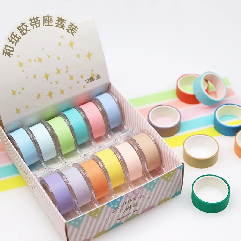 

12 Pcs/Set Cute Solid Color Masking Tape with Washi Tape Cutter Creative Tape Dispenser School Stationery Scrapbooking Tools