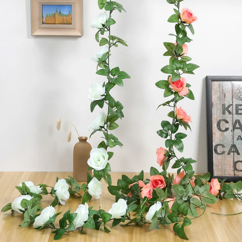 2,4 м шелковые искусственные розы, цветы, гирлянда из ротанга, Виноградная лоза с зелеными листьями для дома, свадьбы, сада, украшение, подвесная гирлянда, настенная