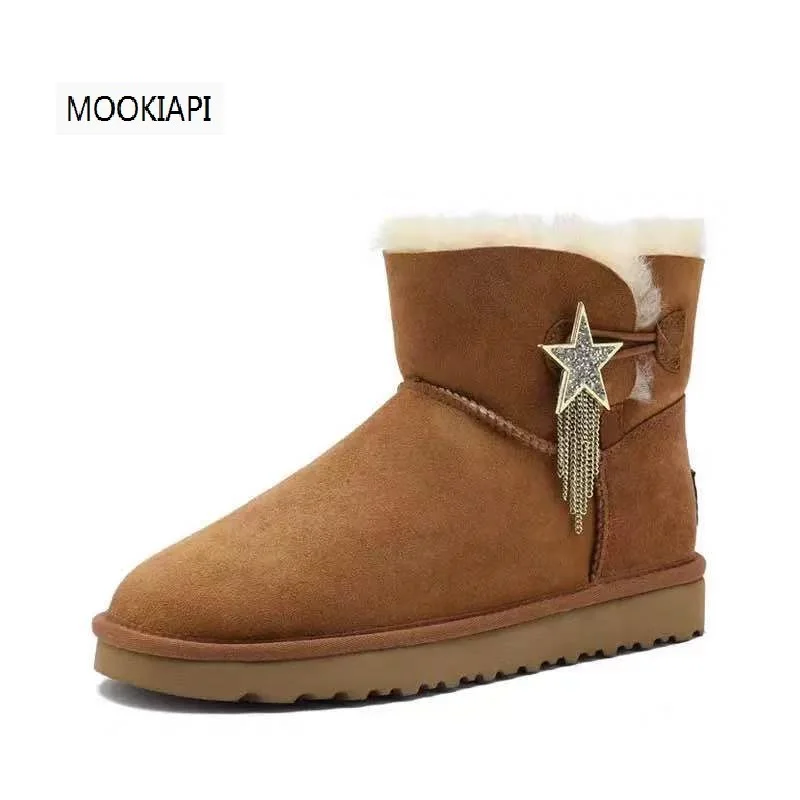 

2019 China's latest short tube buckle snow boots, real sheepskin, 100% natural wool, high quality women's shoes, 3 colors