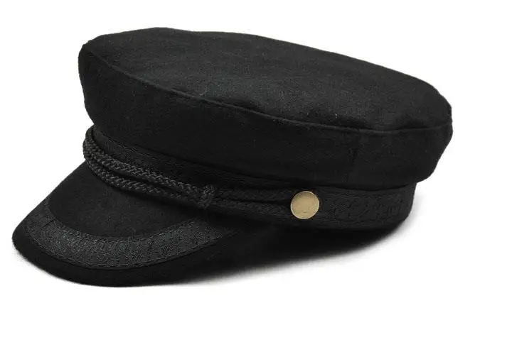 Women's Black Military-Style Flat Top Hat - British-Inspired Navy Cap