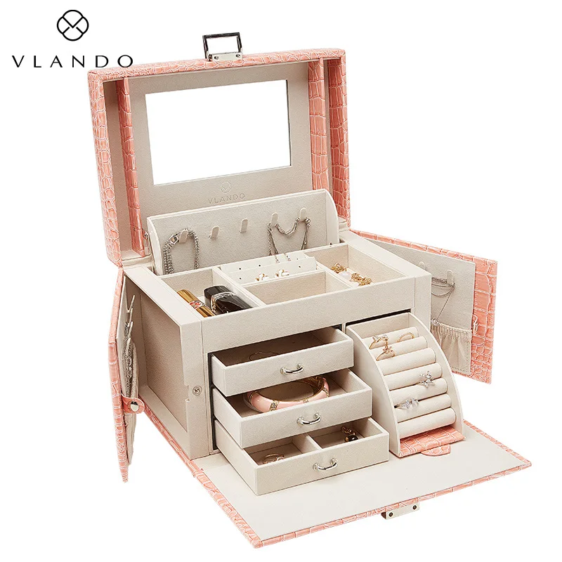 Croco Pink Vlando зеркальная шкатулка для украшений, органайзер для девочек и женщин, винтажный Подарочный чехол-подставка для хранения ювелирных изделий из искусственной кожи, жемчужно-белый - Цвет: Croco Pink