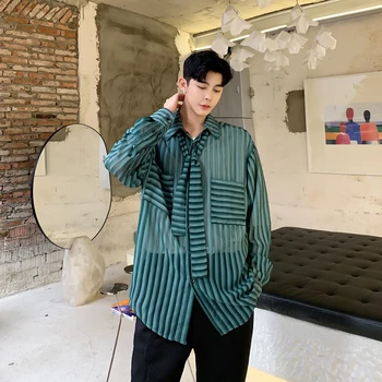 

New Men Long Sleeve Tie Bow Collar Loose Casual Stripe Shirt Male Women Streetwear Hip Hop Dress Shirts 3 Colors