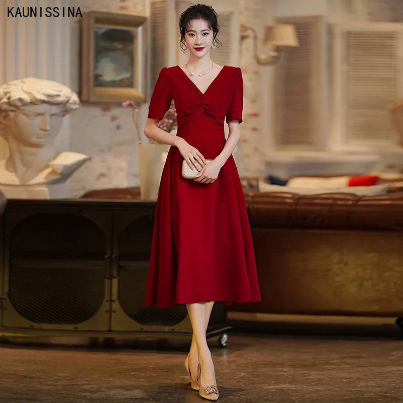 

KAUNISSINA Women Celebrity Dresses Short Cocktail Gown V-Neck Short Sleeve Solid A-Line Party Dress Elegant Robe De Cocktail