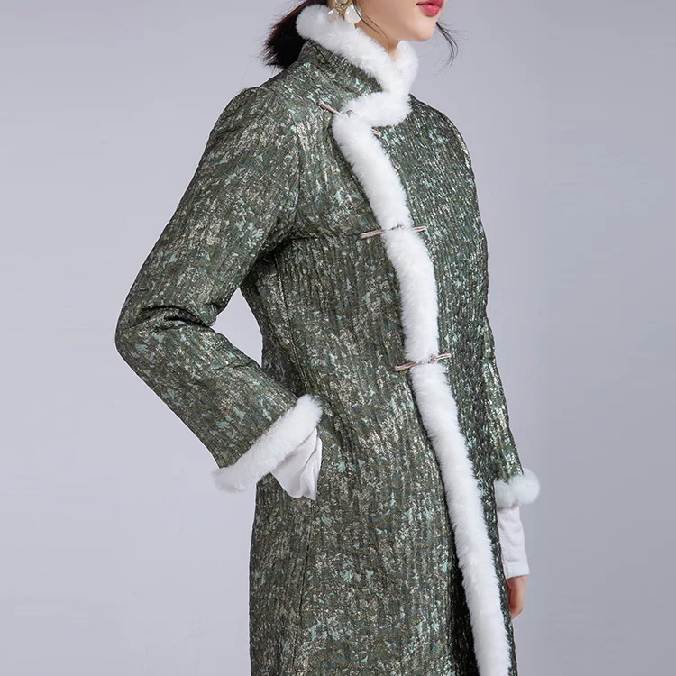 

Zeho Hall 2019 Autumn & Winter New Style Green Zhijin Jacquard Mid-length Cotton-padded Jacket Improved Cheongsam Stand Collar C