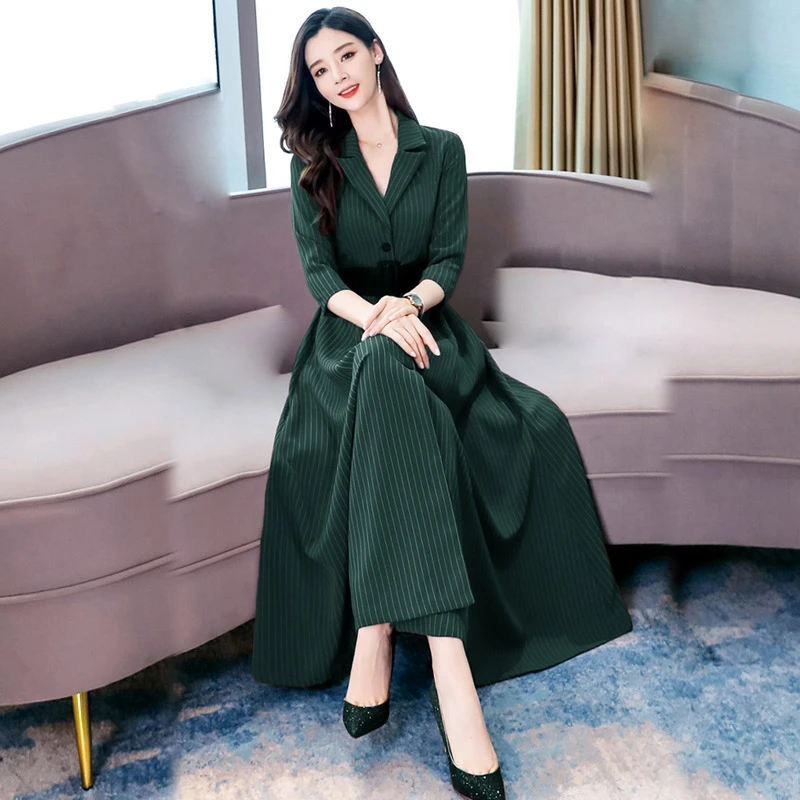 Autumn New A-line Vestidos Elegant Midi Dress Elegant Office Lady Work Women Casual Striped Notched 3/4 Sleeve Long Dress