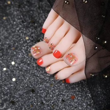

Summer Ins Style Shiny Diamante Orange press on toenails Patches Detachable Short Glitter Paillette Decor toe nails with glue
