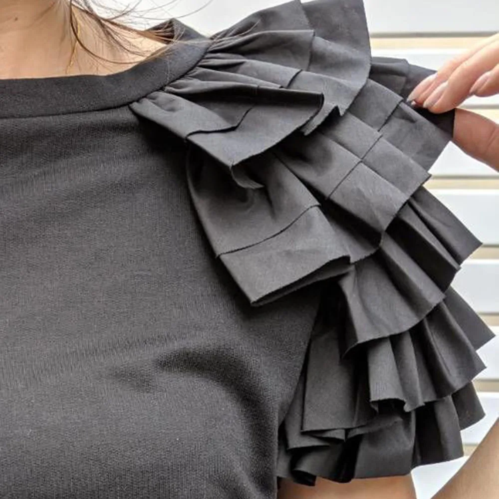 Minimalism Black White Ruffles Summer T Shirt Korean Japan Style Women Streetwear Casual Short Sleeve Top Tee Ladies Tshirt