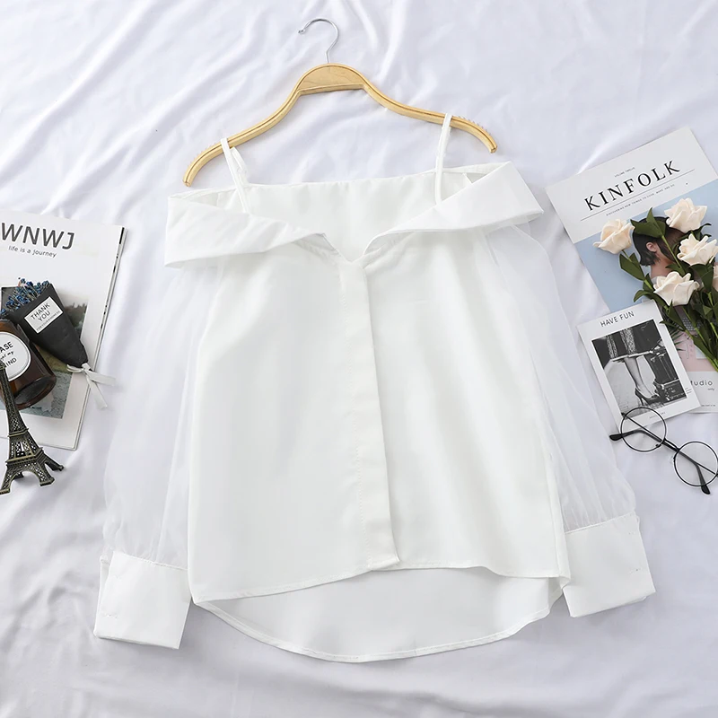  HELIAR Chiffon Shirt Transparent Mesh Sleeve Slash Shoulder Spaghetti Tops 2019 Fall Buttoned Up Bl