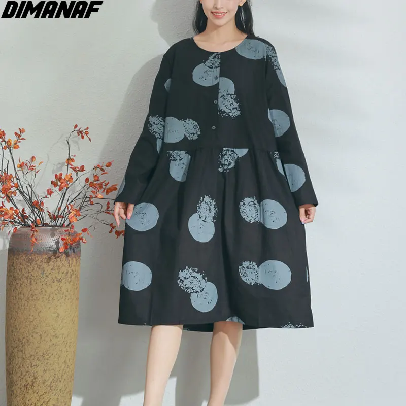 

DIMANAF Plus Size Women Dress Linen Polka Dot Summer Style Full Sleeve Female Loose Vintage Black Casual Buttons 2021 Dresses