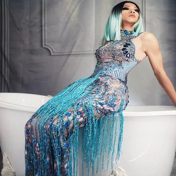 

Fashion 2019 New Design Blue Tassel Beading O Neck Sleeveless Bandage Club Party Dress Maxi Dress Women Vestidos Wholesale