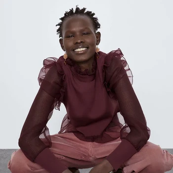 

2019 ZA Hard Yarn Stitching Sweater Women Standing Collar Long Sleeve Elastic Cuff Neckline Hem Laminated Decoration Sweater