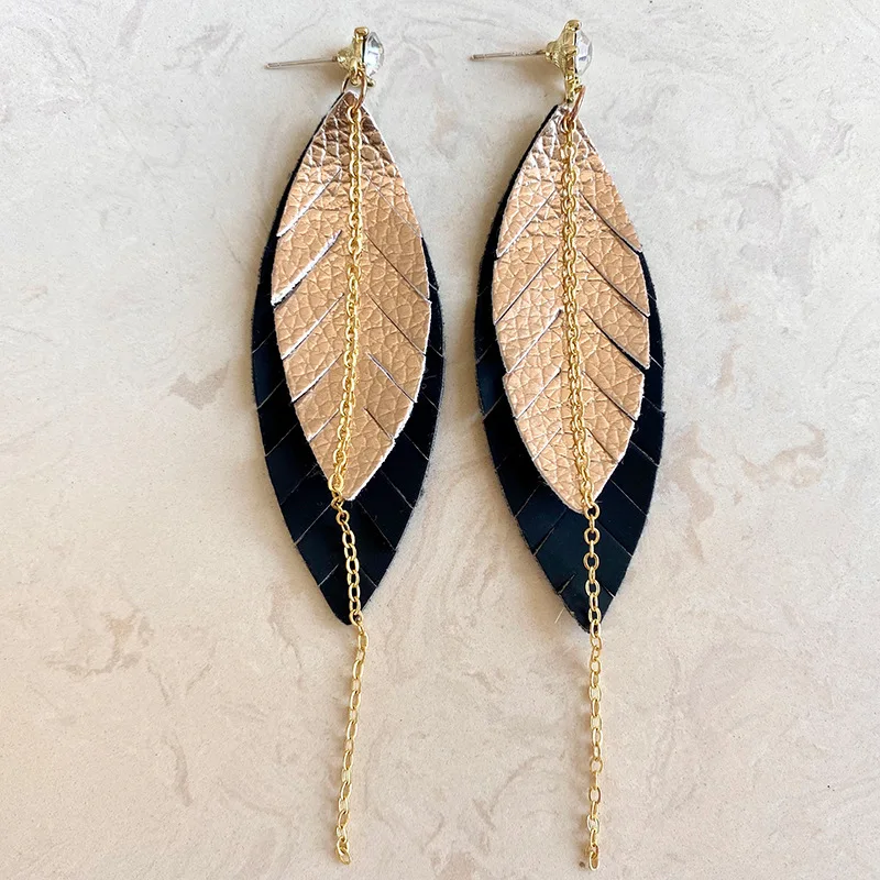 Boucles d'oreilles pendantes en plumes en cuir PU pour femmes, boucles d'oreilles longues JOLine, bijoux de boutique, 2 tons, couches, vente en gros