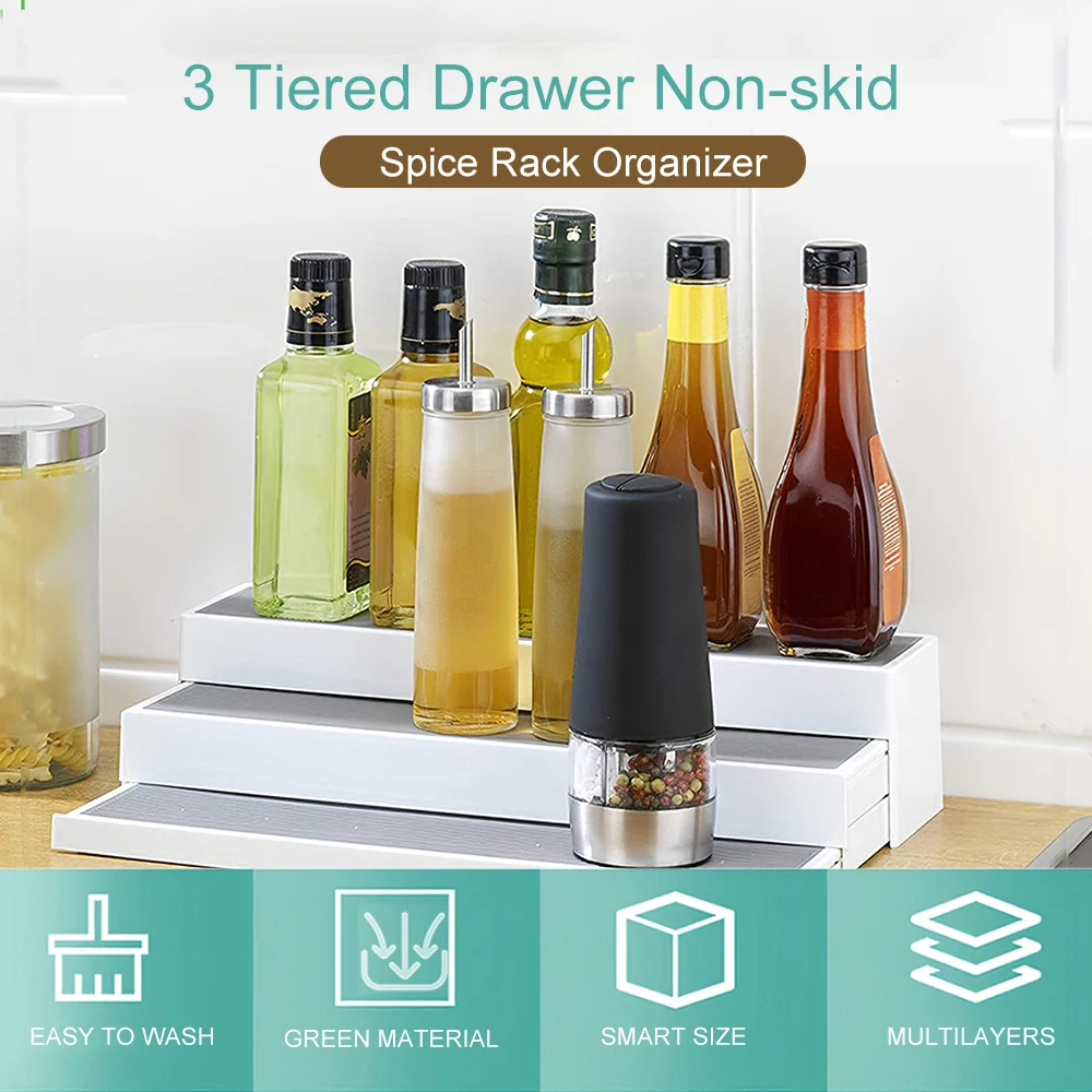 3 Tiered Expandable Spice Rack Organizer Non-skid Spice Organizer Storage for Kitchen Refrigerator Kitchen Accessories
