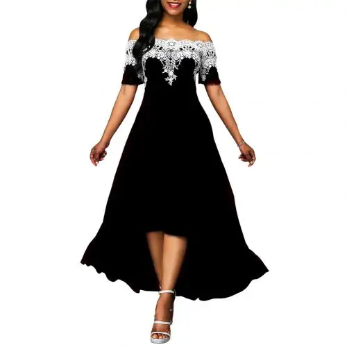 Большие размеры, вечерние кружевные лоскутные платья с открытыми плечами и коротким рукавом, женское платье с высокой посадкой, кружевное асимметричное платье - Цвет: Черный