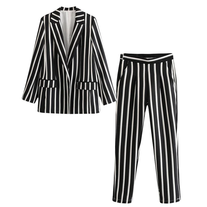 

Women's suit pants suit 2019 new spring and autumn Slim black and white striped ladies jacket Casual trousers set of two