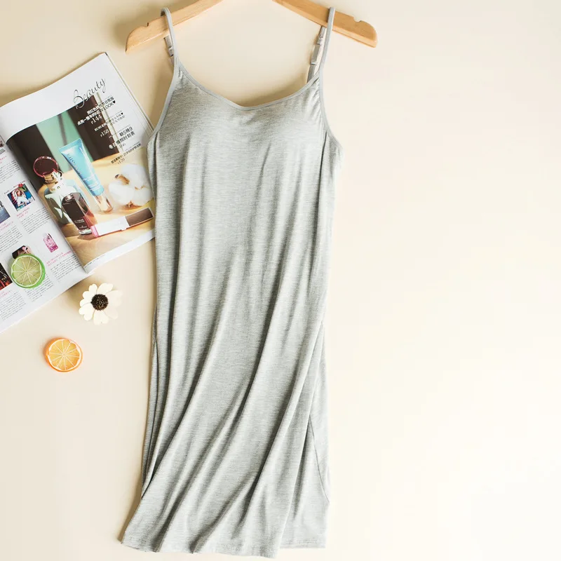 Modal Sleepwear With Chest Pad Women Nightgown M-XXL Plus Size Sleeping Dress Pijamas Ladies Home Wear Sleeveless Summer