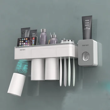 

Self Adhesive Wall Mount Toothbrush Holder Rack With Toothpaste Dispenser Squeezer Magnetic Cups Toothbrush Organizer Drawer