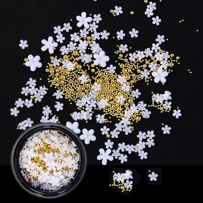 

Mix White Flower&Beads Nail Charms Sliver Rose Gold Bead Five Petal Fingernail Decorations Korea Manicure Accessories 3mm/6mm