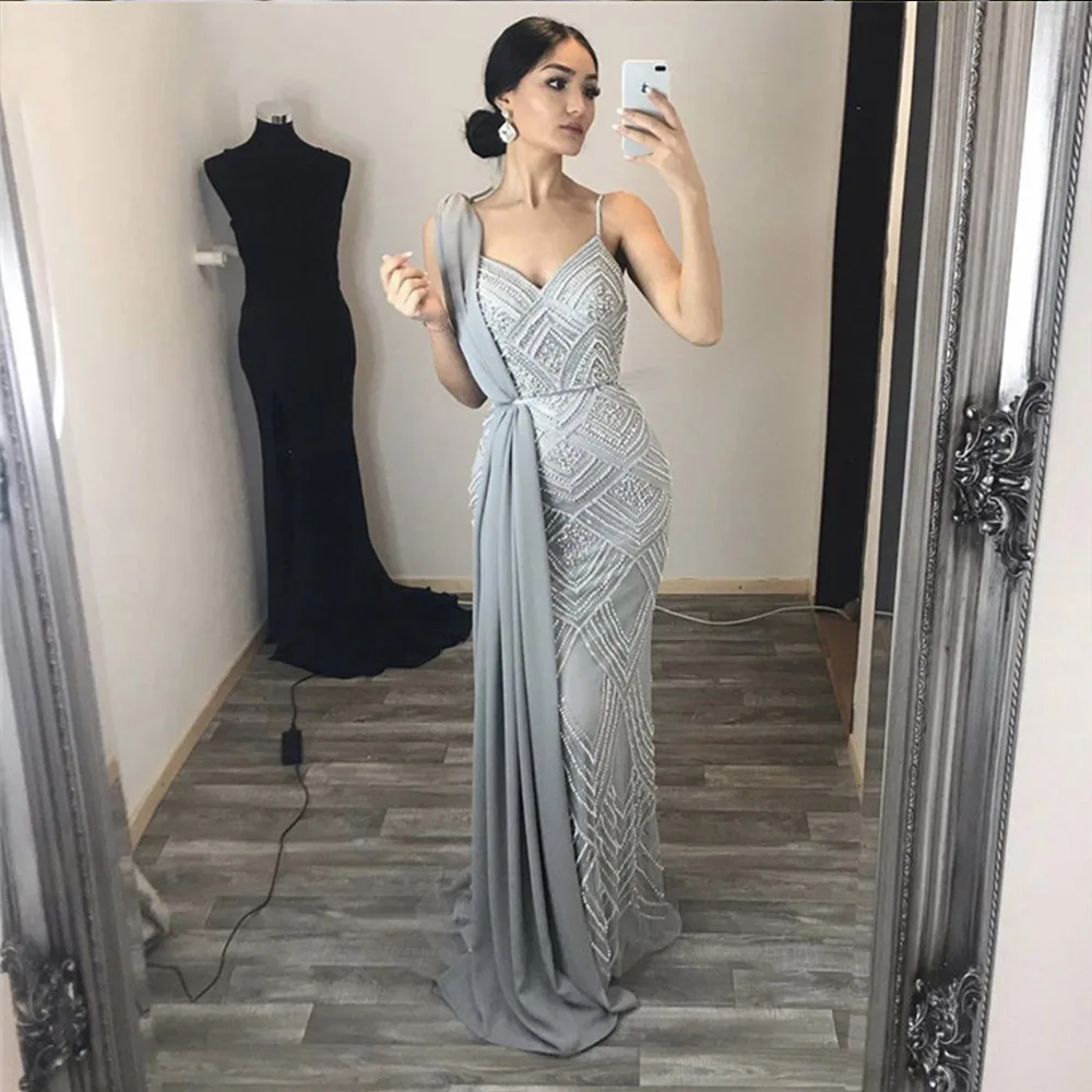 Crystal Beads Long Formal Gown | Long Silver Beaded Prom Dress - Elegant  Long Prom - Aliexpress