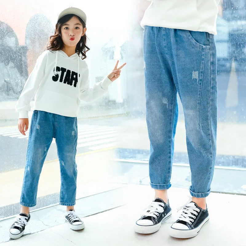 

Childrenswear Girls Spring And Autumn with Holes Jeans 2019 New Style Western Style Versatile Bar Fight Cowboy Trousers GIRL'S F