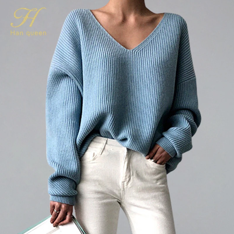 H han queen зимний женский свитер с v-образным вырезом простой свободный шикарный вязаный пуловер с длинным рукавом Женский пуловер 2019 джемпер