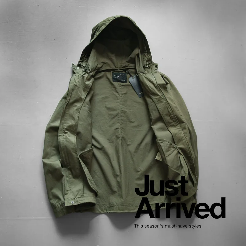 Autumn Winter M65 Zipper Woven Hooded Short Windbreaker Coat Men's Fashion Pure Cotton Washed Old Casual Thin Jacket waterproof windbreaker jacket,casual men jacket