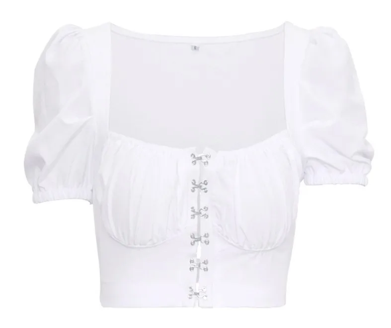 New Arrival Summer Clothes Women Sweet Puff Sleeve White Black Short Top Sexy Deep Square Neck Hollow Out T-Shirt