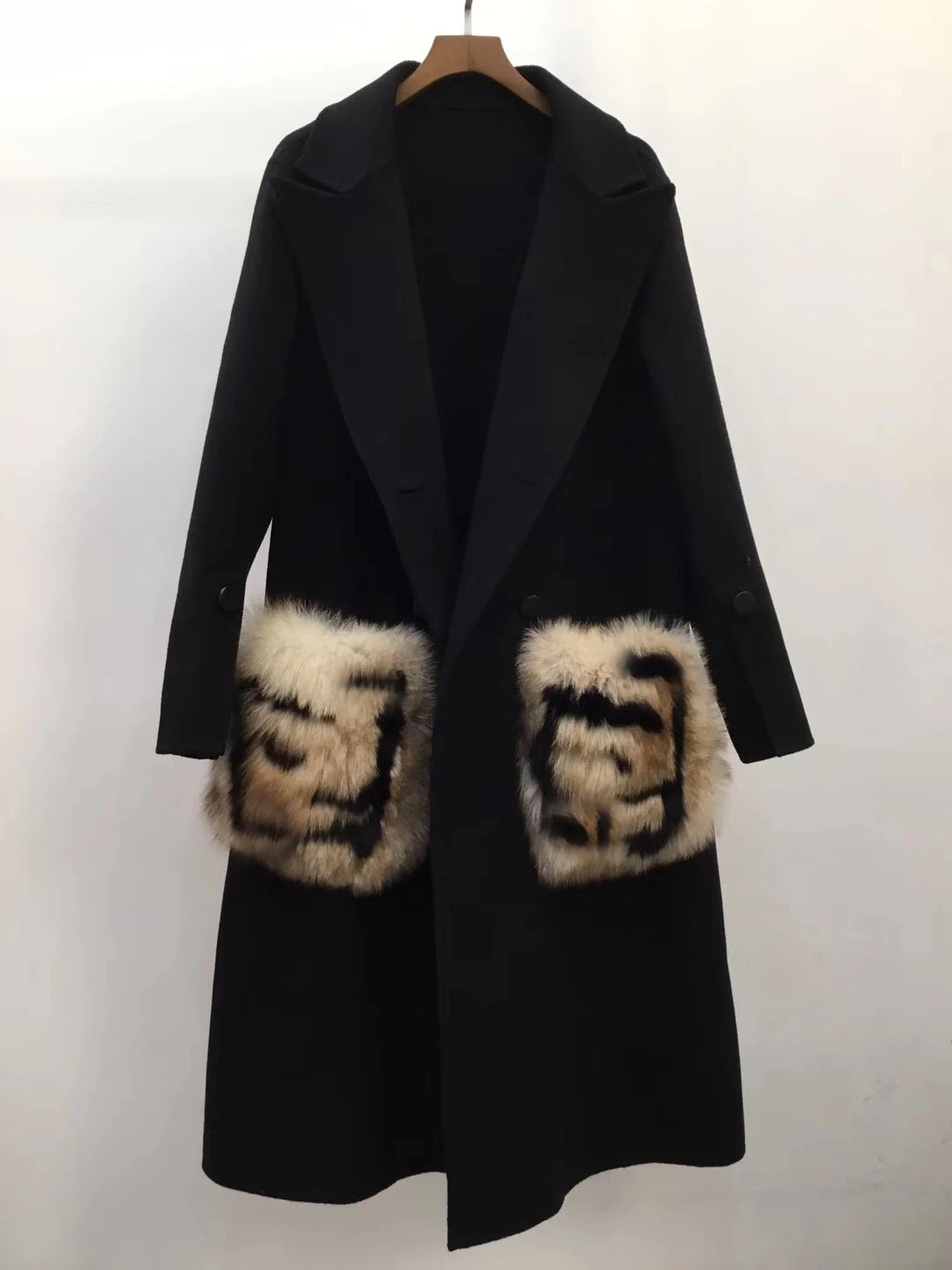 FF итальянский дизайнер черный шерстяной Тренч Высокое Качество Италия Подиум натуральный мех карманы