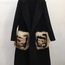 FF итальянский дизайнер черный шерстяной Тренч Высокое Качество Италия Подиум натуральный мех карманы