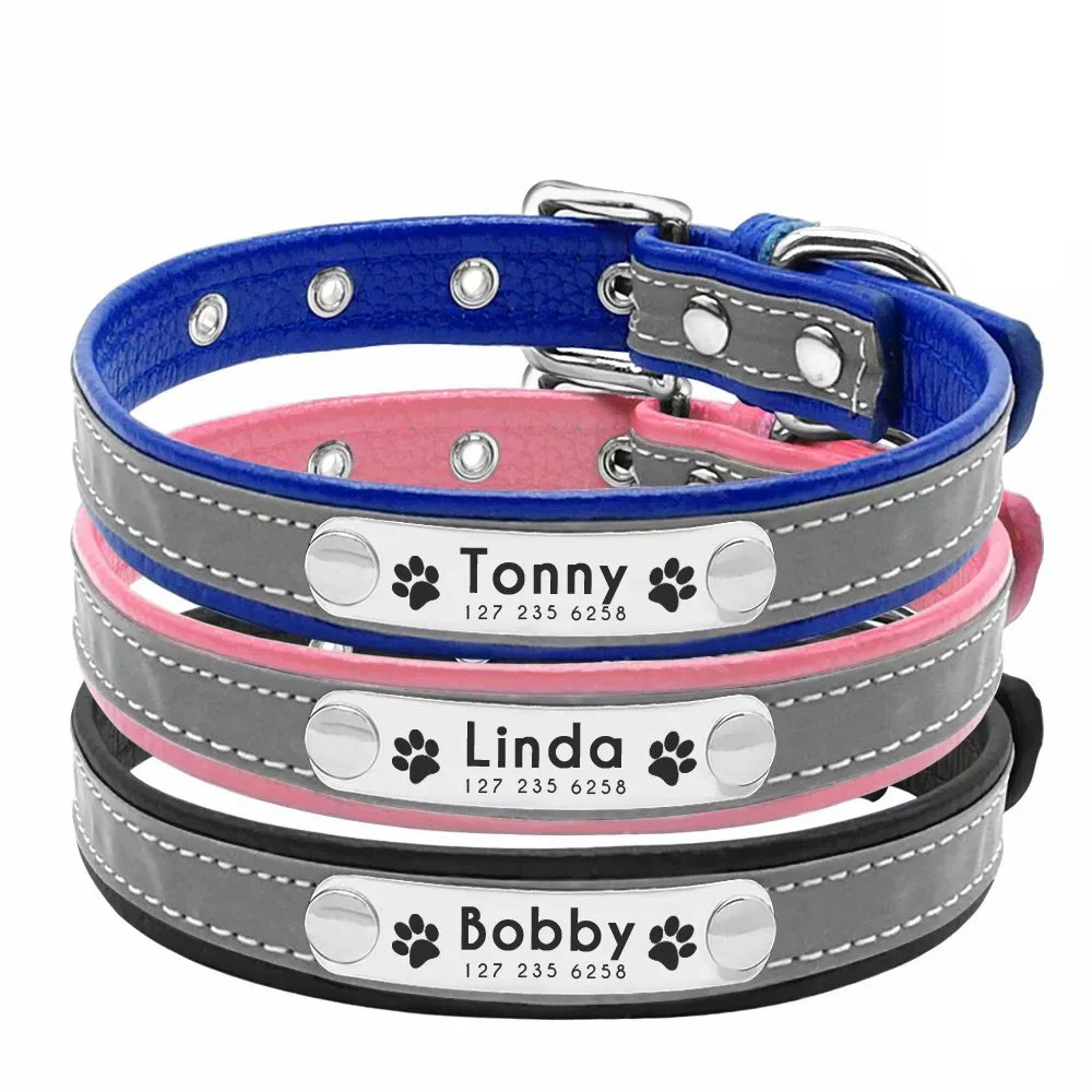 AiruiDog-Collar de cuero reflectante personalizado para perro, XS-L para cachorro con nombre personalizado grabado